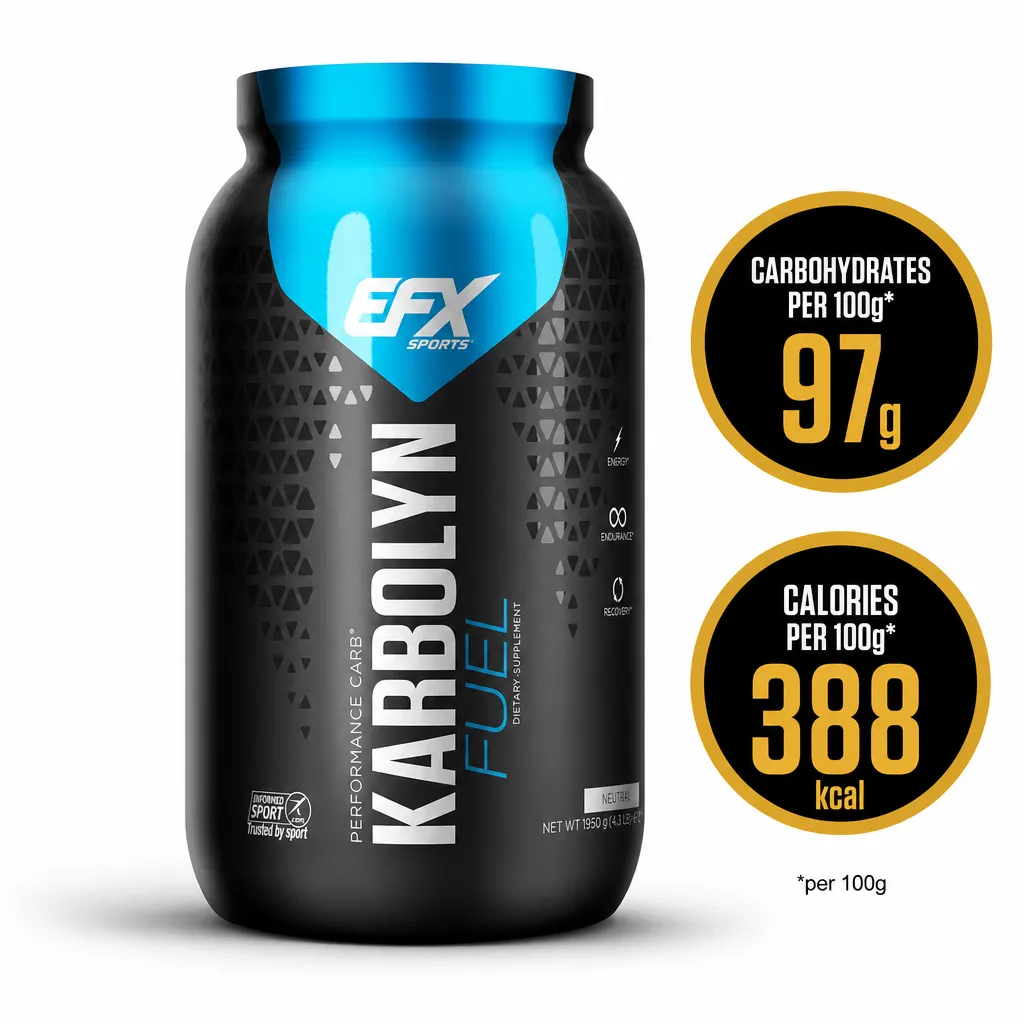 EFX Sports Karbolyn Fuel 1950g performance carbohydrate supplement in a black and blue tub