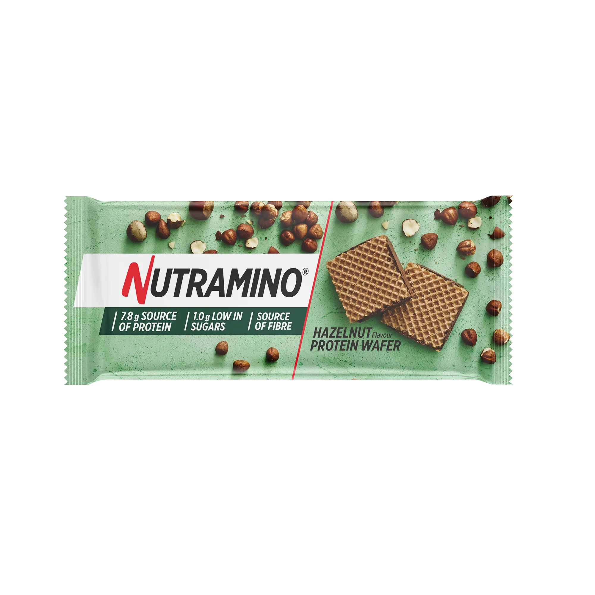 Nutramino Protein Wafer Hazelnut is a high-protein, low-sugar snack bar with 7.8g protein per 39g bar, featuring crispy wafer texture and hazelnut flavor.