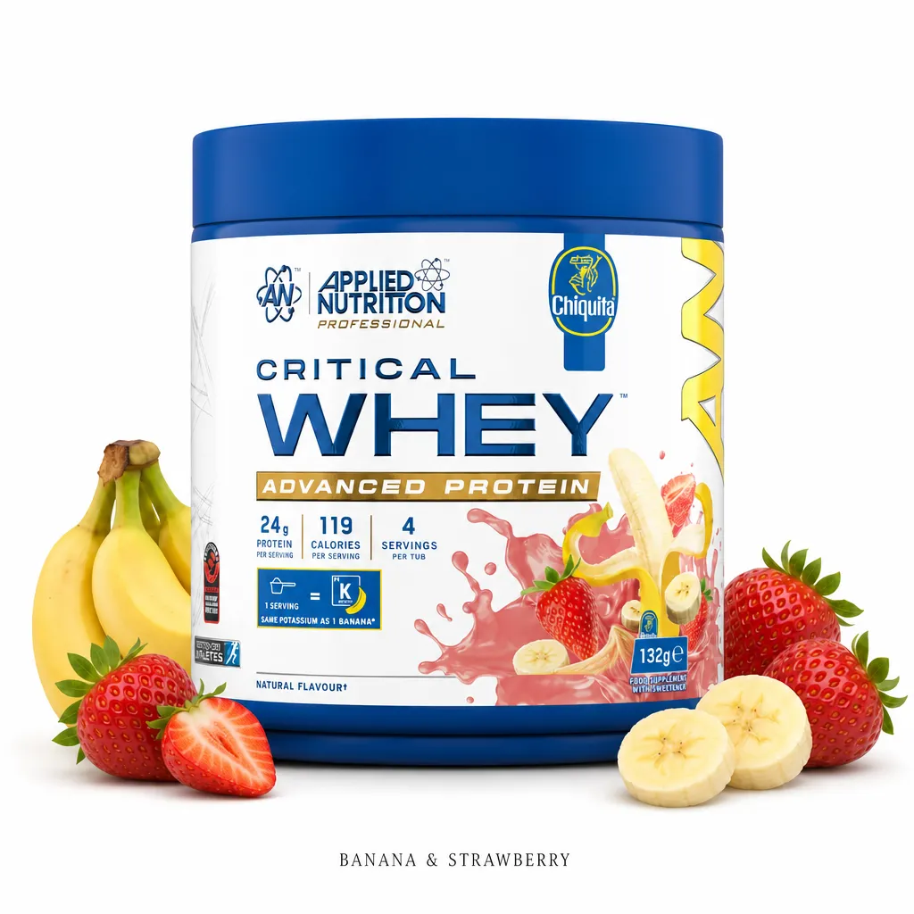 Applied Nutrition Critical Whey protein supplement, 4 servings, banana and strawberry flavour in a blue tub