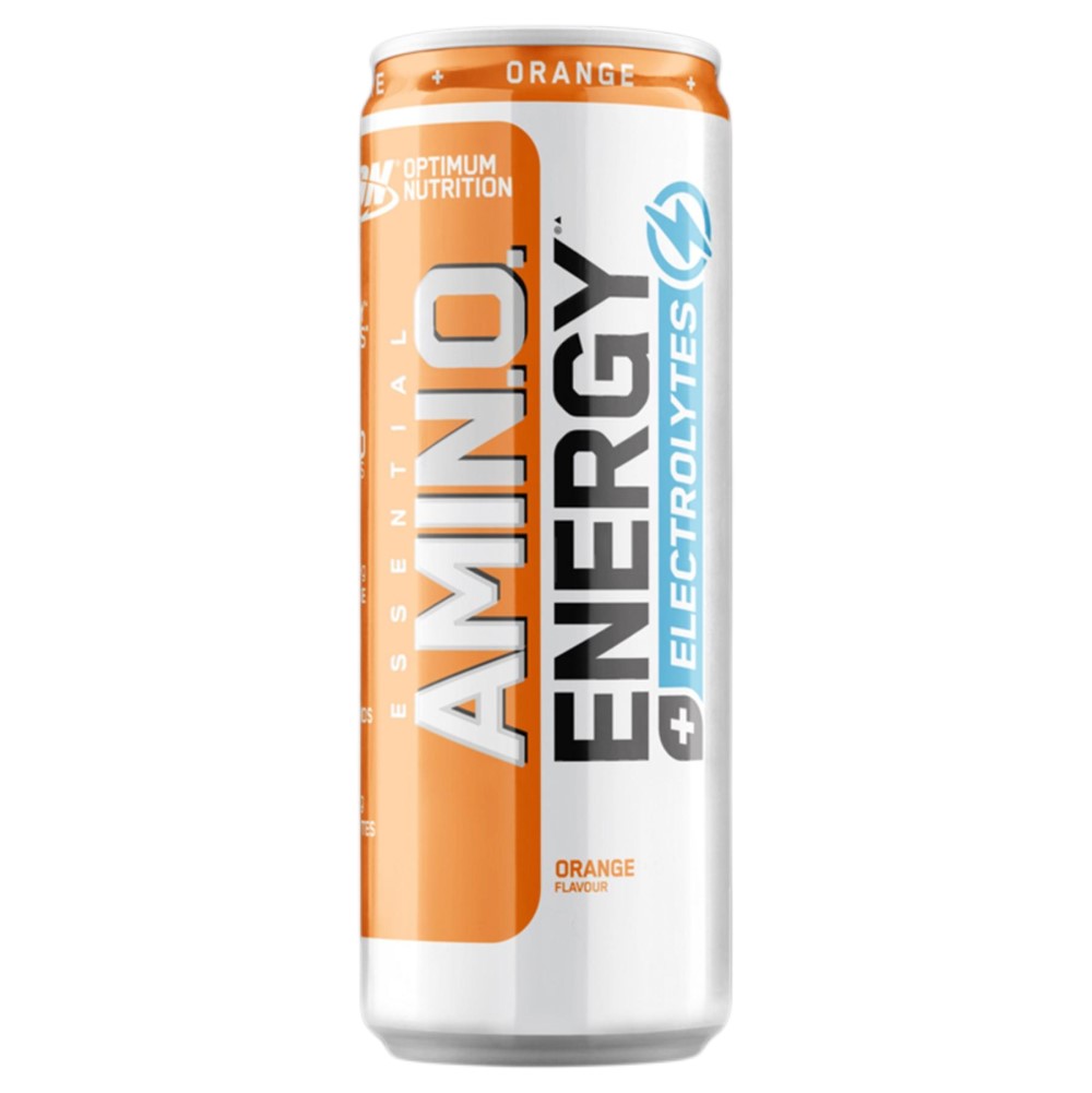 Optimum Nutrition Amino Energy + Electrolytes 250ml x4 pack, featuring four slim cans with branded labels.