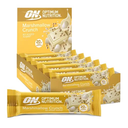 Optimum Nutrition Protein Bar Marshmallow Crunch, a high-protein snack bar with 20g protein per bar and no added sugar, shown in a yellow box containing 10 individually wrapped bars.