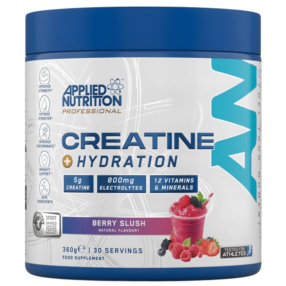 Applied Nutrition Creatine+ Hydration 30 Servings tub with blue and white label, featuring product branding and supplement details.