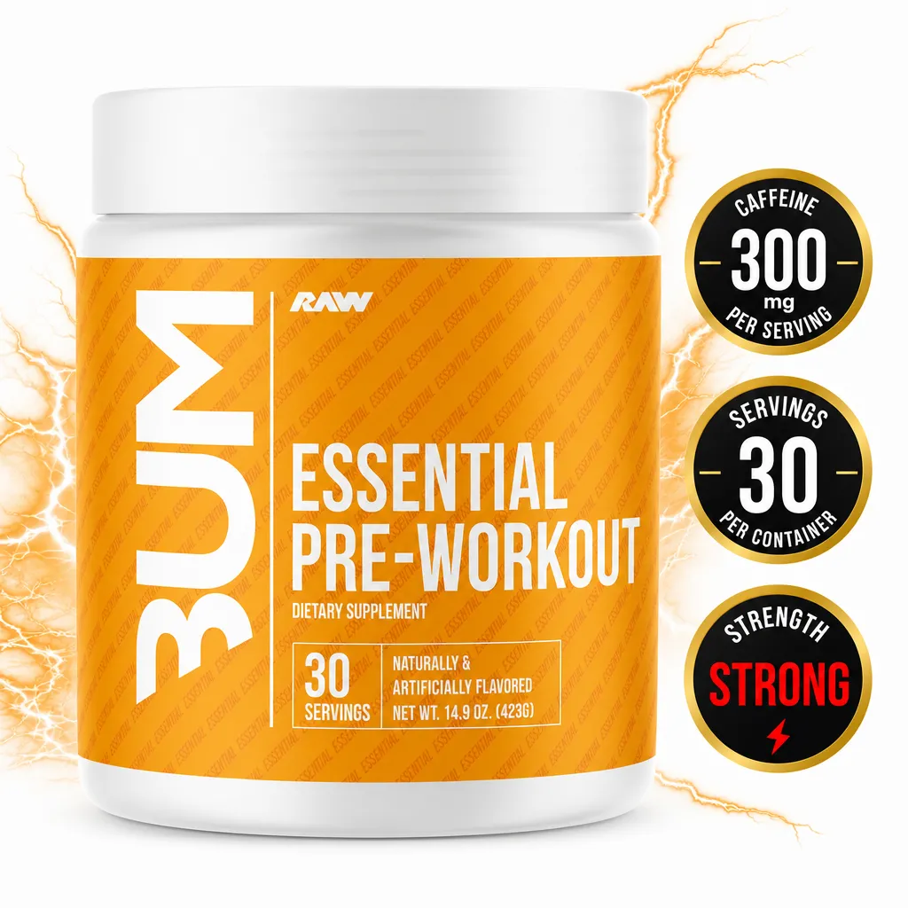 RAW Nutrition CBUM Essential Pre pre-workout dietary supplement powder, orange tub with 30 servings and 300 mg caffeine per serving