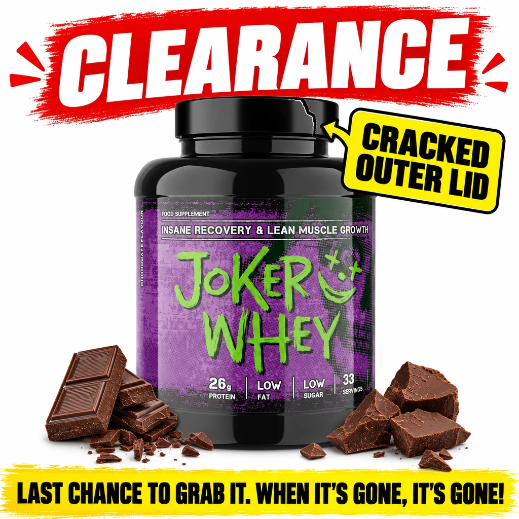 Joker Nutrition Joker Whey 1000g chocolate whey protein powder in a black tub with a purple label and visibly cracked outer lid.