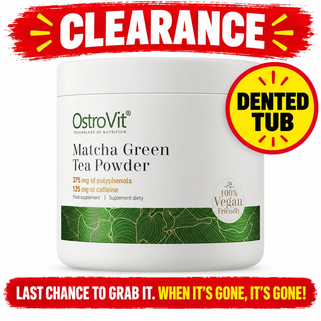 OstroVit Matcha Green Tea Powder, 100 g of green tea powder in a white tub, marked as a clearance item with a dented tub notice.