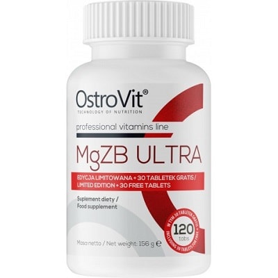 OstroVit MgZB Ultra 120 tabs magnesium, zinc, and vitamin B6 supplement in a white bottle with red accents, limited edition with 30 free tablets.