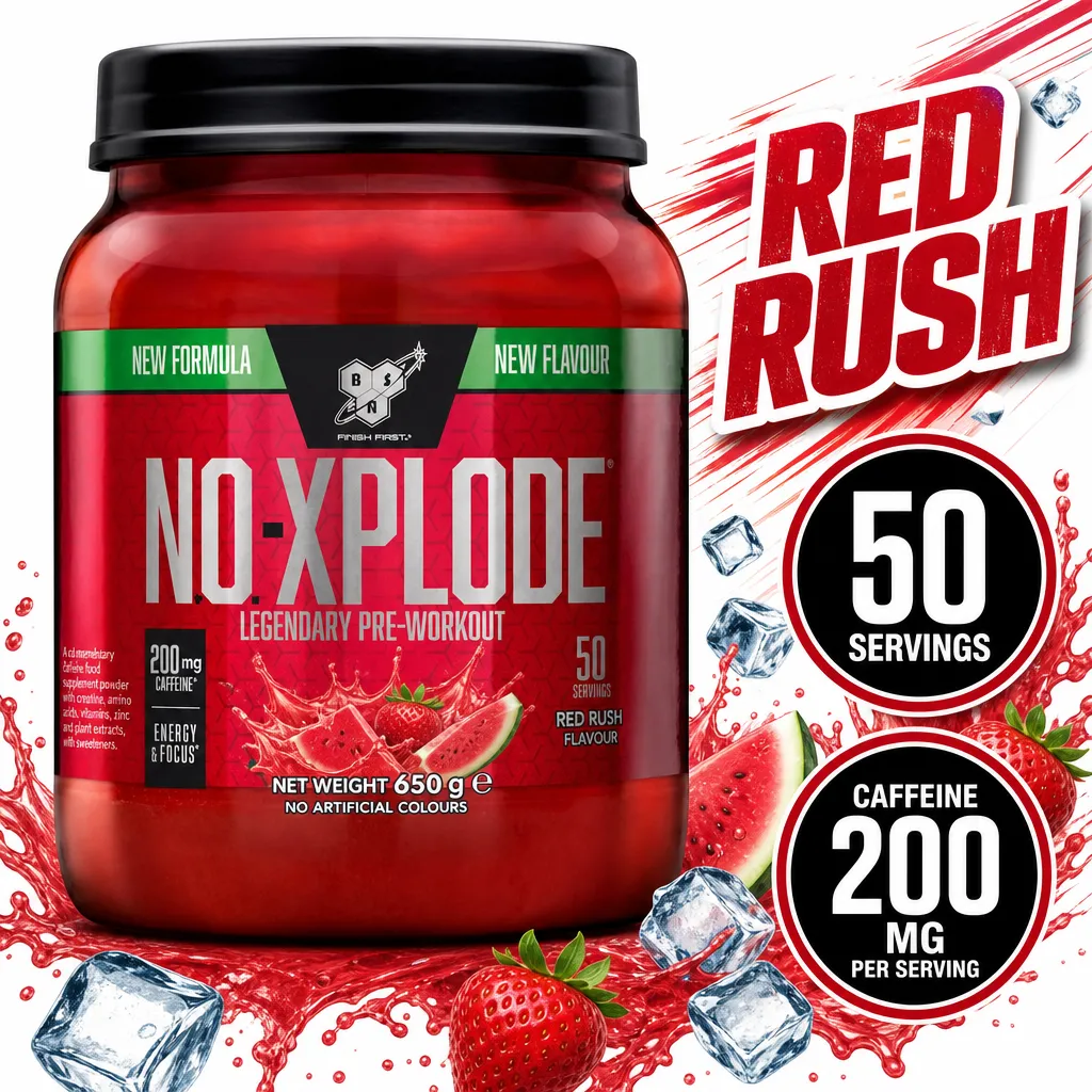 BSN NO Xplode 50 Servings pre-workout powder in Red Rush flavour, 650g red container with 200mg caffeine per serving