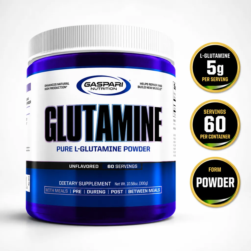 Gaspari Nutrition Glutamine 300g unflavoured pure L-glutamine powder supplement with 60 servings in a purple container