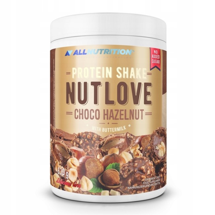 Allnutrition Nutlove Protein Shake choco hazelnut flavour with buttermilk, 630g, no added sugar, protein supplement in a beige and brown tub.