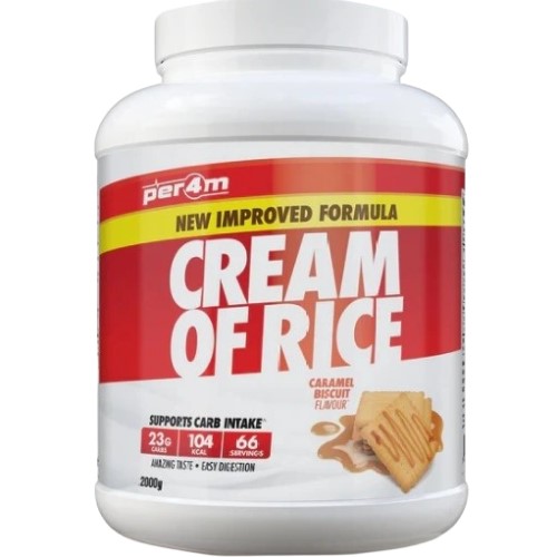 Per4m Cream of Rice 2000g caramel biscuit flavour, a carbohydrate-rich powdered supplement designed for easy digestion and energy support, in a large white tub with red and yellow accents.