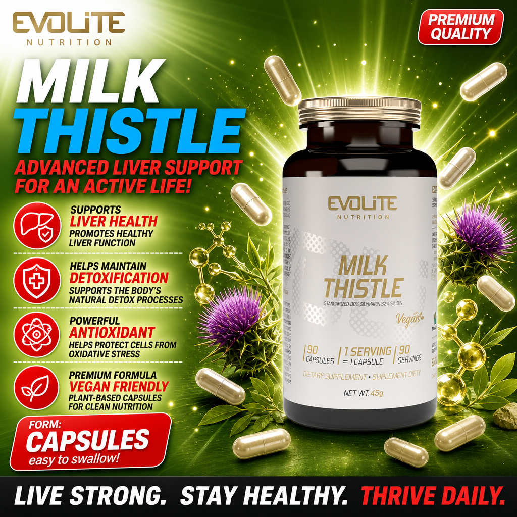 Evolite Milk Thistle vegan capsules, a liver health supplement with antioxidant and detoxification support, 90 capsules in a brown bottle, green and gold theme.