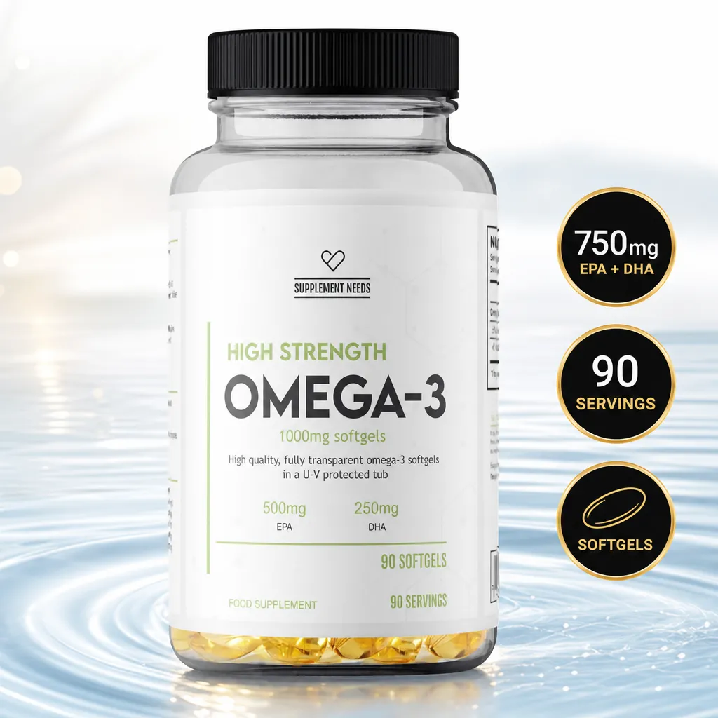 Supplement Needs Omega-3 fish oil supplement with 90 softgels, 1,000mg per softgel, 500mg EPA and 250mg DHA
