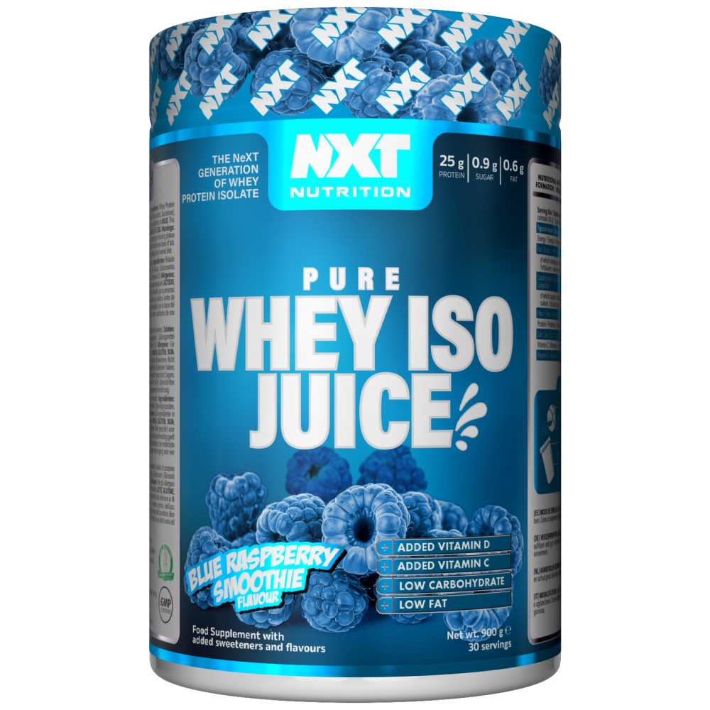 NXT Nutrition Pure Whey ISO Juice 900g Blue Raspberry Smoothie flavour whey protein isolate supplement with added vitamin D and C, low carbohydrate and low fat, in a blue container.