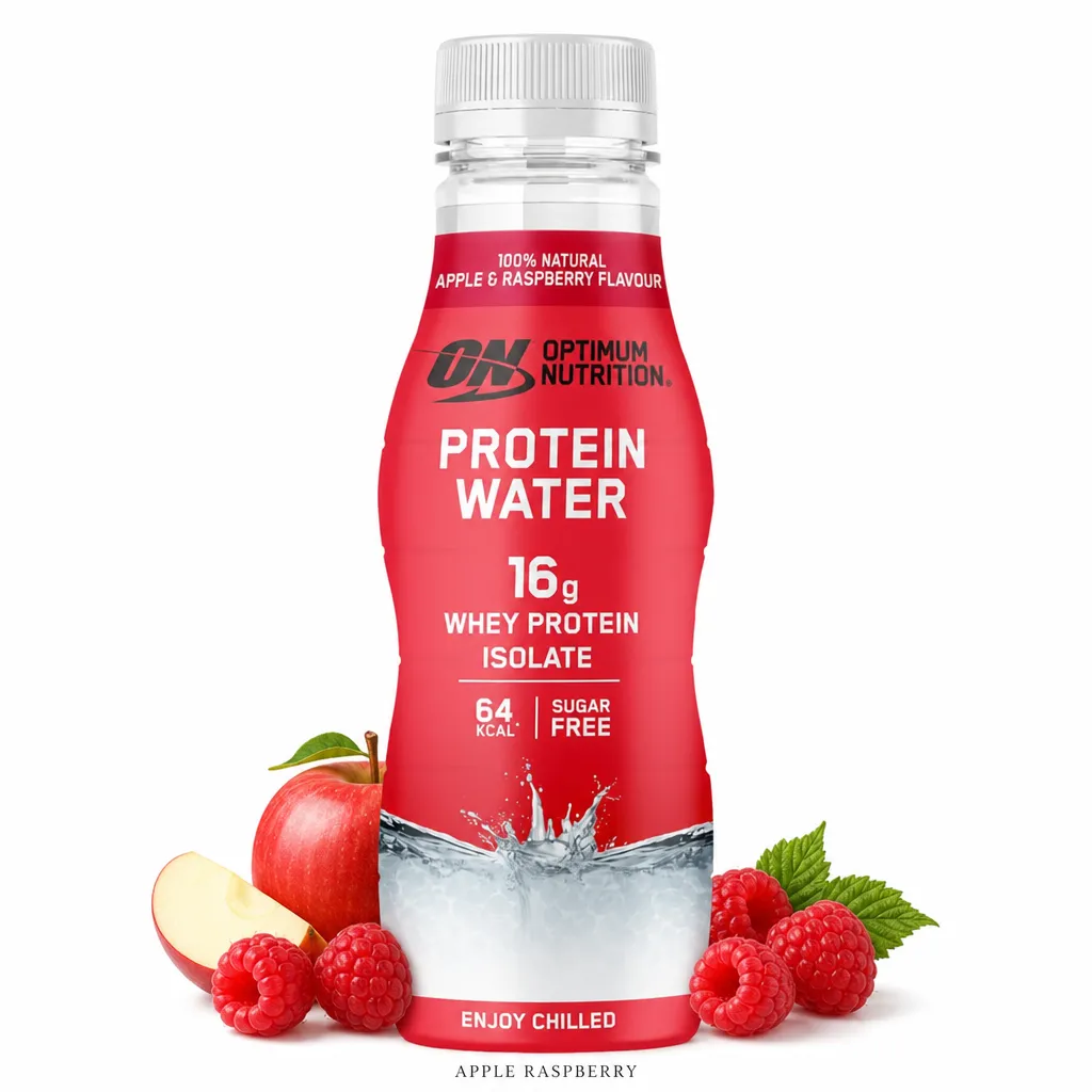 Optimum Nutrition Protein Water Apple Raspberry 350ml bottle, featuring 16g whey protein isolate, sugar-free, 64 kcal per serving, in a red fruit-flavoured ready-to-drink format.