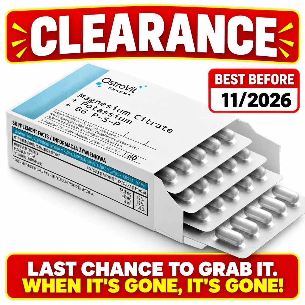 OstroVit Pharma Magnesium Citrate + B6 P-5-P, 60-capsule supplement in a white and aqua box, shown with silver blister packs.