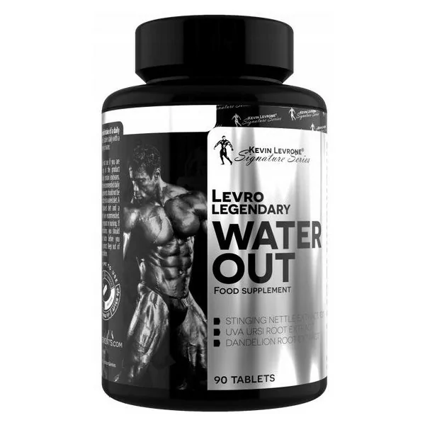 Kevin Levrone Levro Legendary Water Out food supplement, 90 tablets, diuretic herbal blend with stinging nettle, uva ursi, and dandelion root, black and silver bottle.