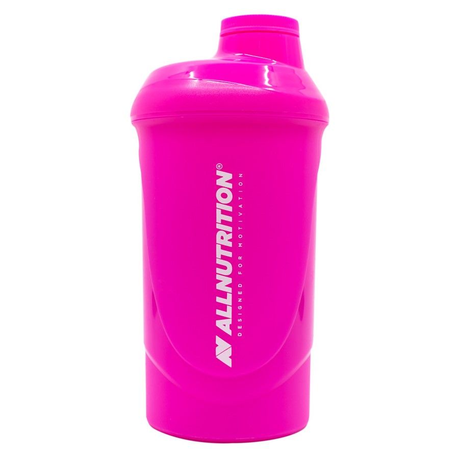 Allnutrition Shaker 600ml Pink, BPA-free plastic bottle with pink lid, measurement marks, and mesh strainer
