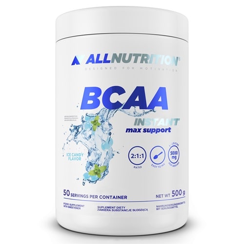 Allnutrition BCAA Max Support Instant 500g ice candy flavor is a powdered BCAA supplement with a 2:1:1 ratio, designed for muscle support and recovery.