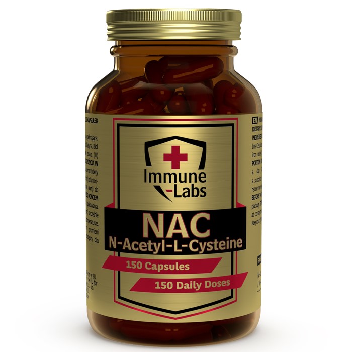 Immune-Labs NAC N-Acetyl-L-Cysteine supplement, 150 capsules, in a brown bottle with gold label, designed to support antioxidant and immune health.