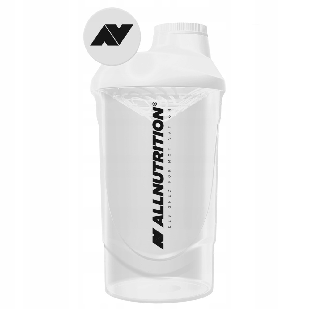Allnutrition Shaker 600ml white protein shaker bottle with black logo, designed for mixing supplements, featuring a screw cap and transparent body.