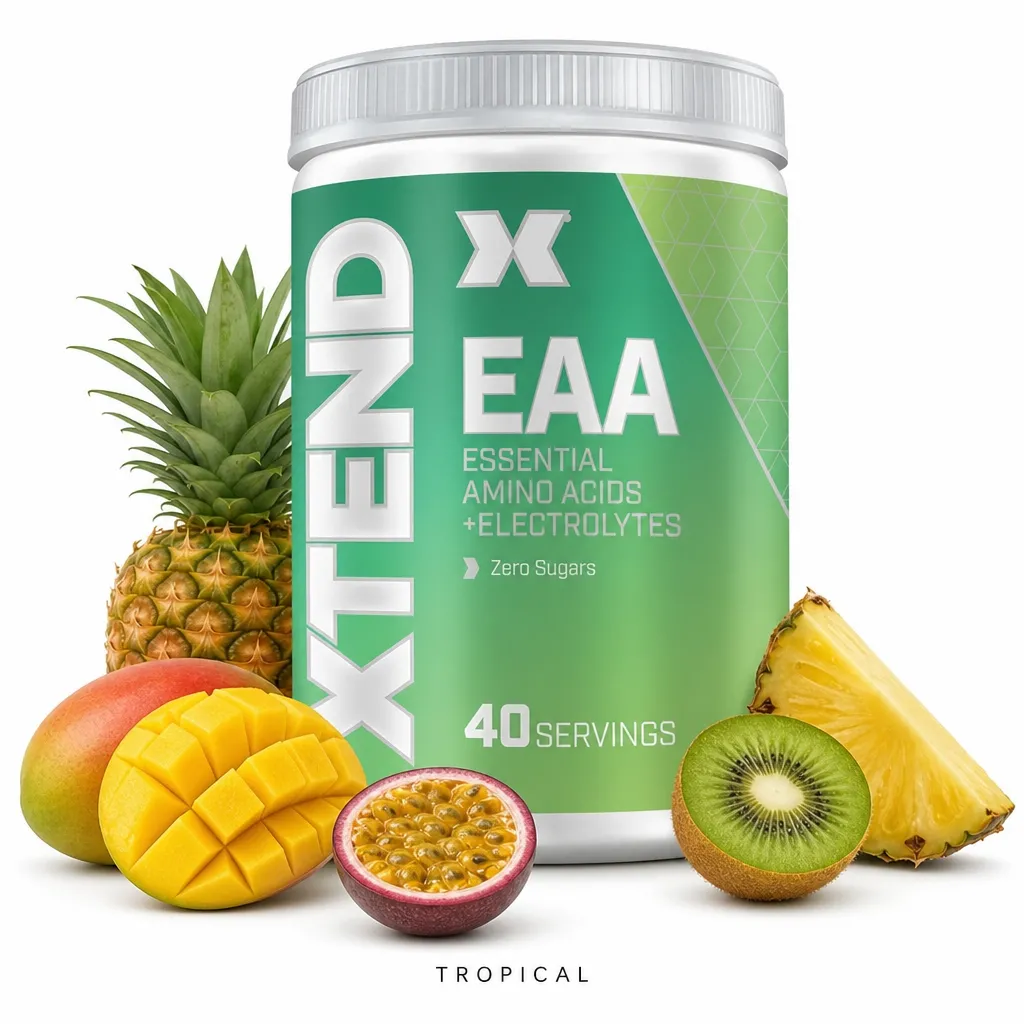 Cellucor Xtend EAA 40 Servings essential amino acid supplement in tropical flavour, featuring a green container with images of pineapple, mango, passionfruit, and kiwi, zero sugar formula.