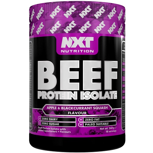 NXT Nutrition Beef Protein Isolate 540g apple and blackcurrant squash flavour, a dairy-free, zero sugar, zero fat protein supplement suitable for paleo diets, in a purple and black tub.