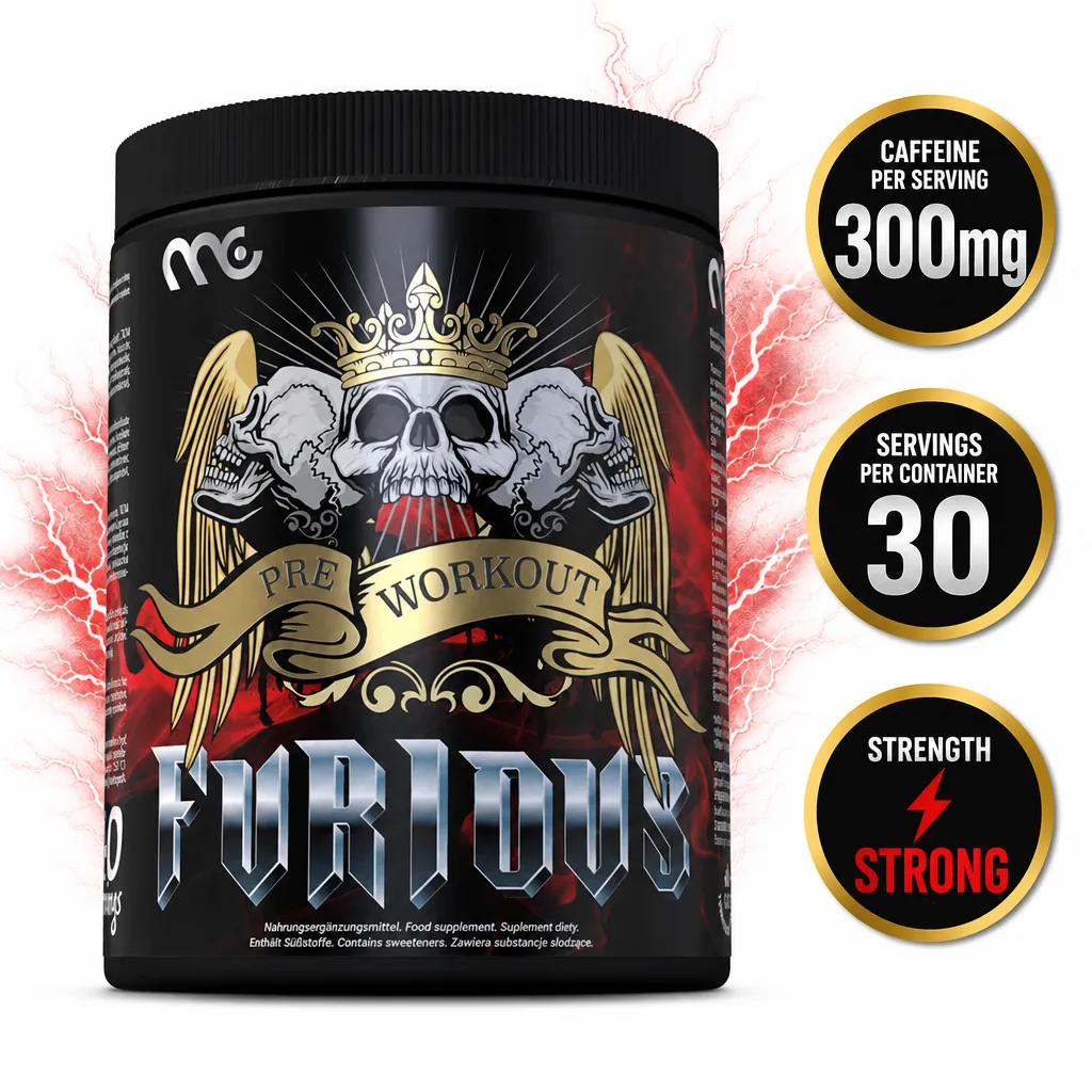Muscle Clinic FURIOUS Pre-Workout 450g, bubble gum-flavoured powdered supplement in a black tub with red and gold skull artwork.