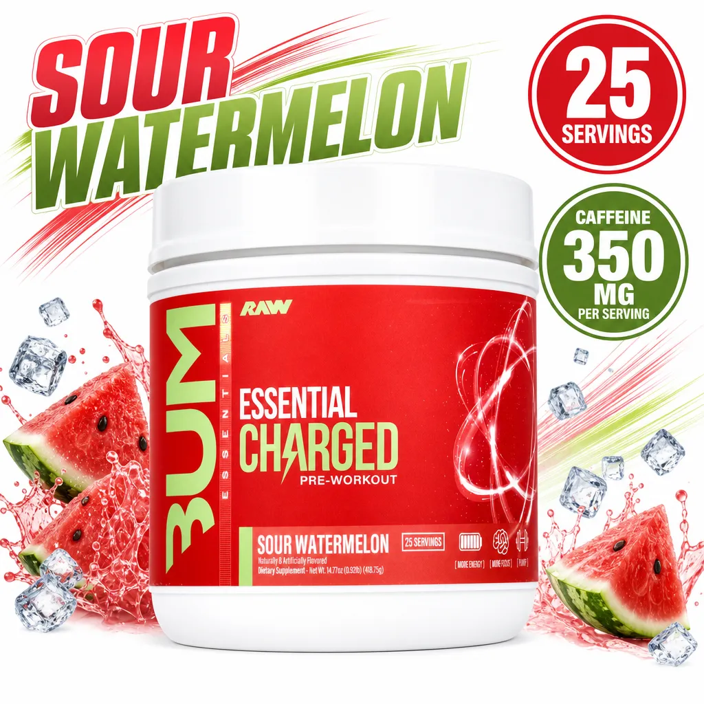 RAW Nutrition CBUM Essential Charged Pre sour watermelon pre-workout powder, 25 servings with 350 mg caffeine per serving.