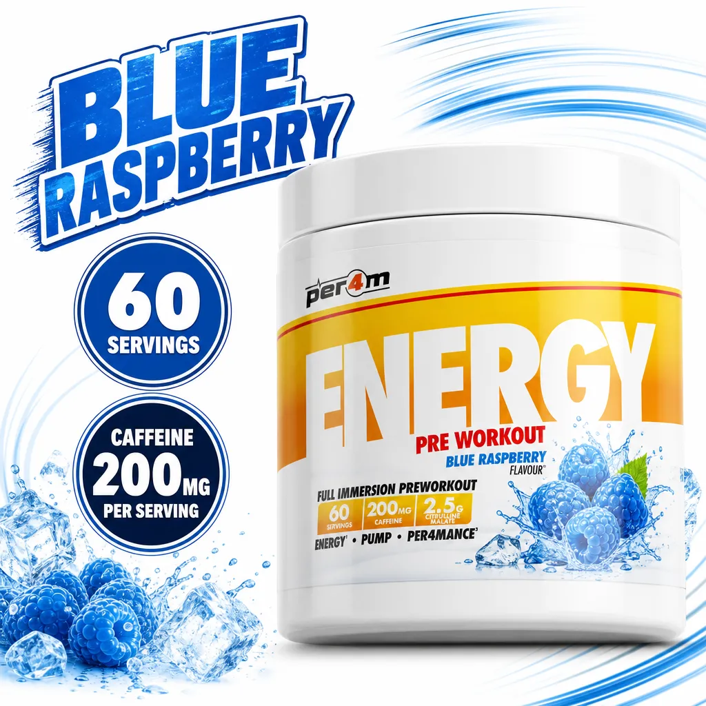 Per4m Energy Pre Workout 390g blue raspberry powder supplement with 60 servings and 200mg caffeine per serving.