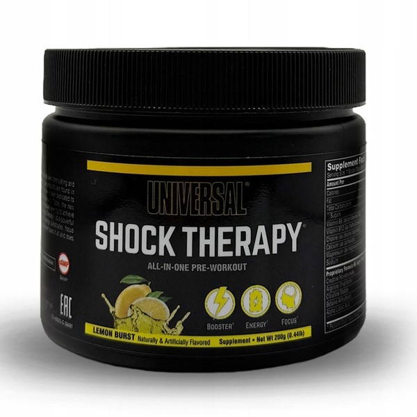 Universal Nutrition Shock Therapy 10 Servings pre-workout supplement in a black plastic tub with bold red and yellow label
