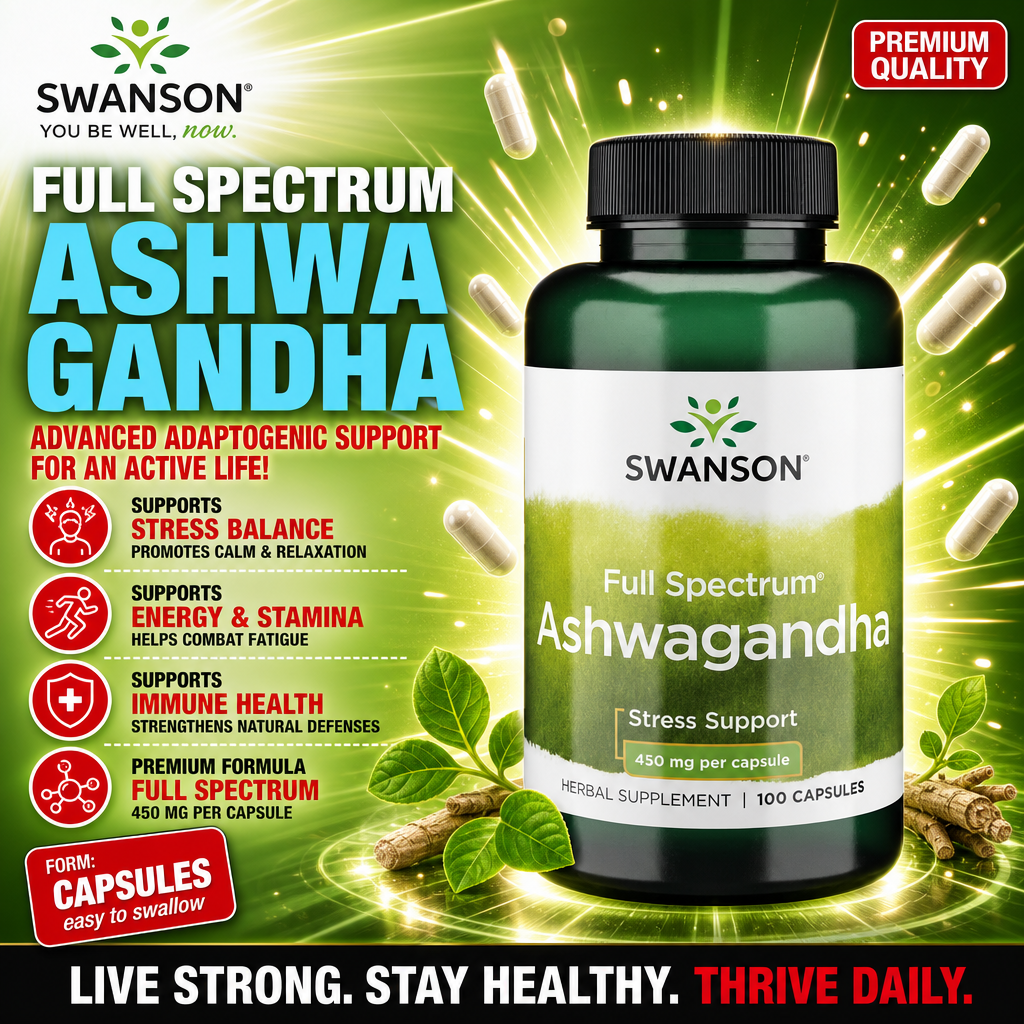 Swanson Full Spectrum Ashwagandha 450mg 100 capsules herbal supplement for stress support, featuring adaptogenic properties and easy-to-swallow capsules in a green and white bottle.