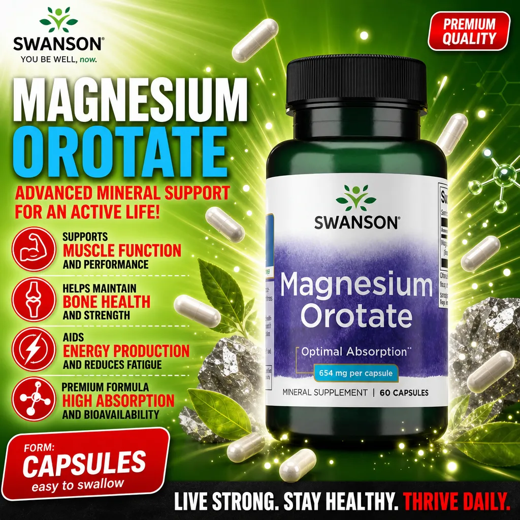 Swanson Magnesium Orotate mineral supplement in capsule form, 60 count bottle, supports muscle function, bone health, and energy production, with optimal absorption, green and white packaging.