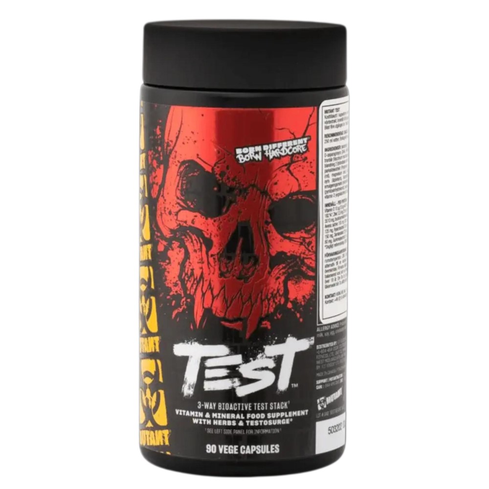 Mutant Test 90 Vege Caps bottle, black with red and yellow accents, labeled as a testosterone booster supplement