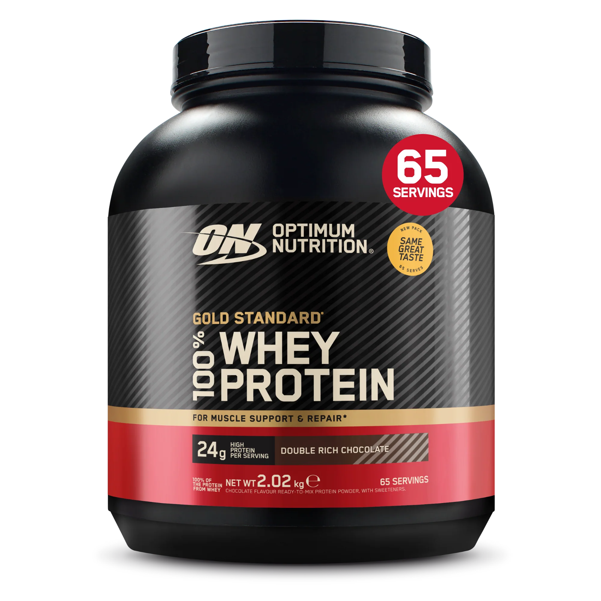 Optimum Nutrition Gold Standard 100% Whey 2010g large black and gold tub with red accents and product branding