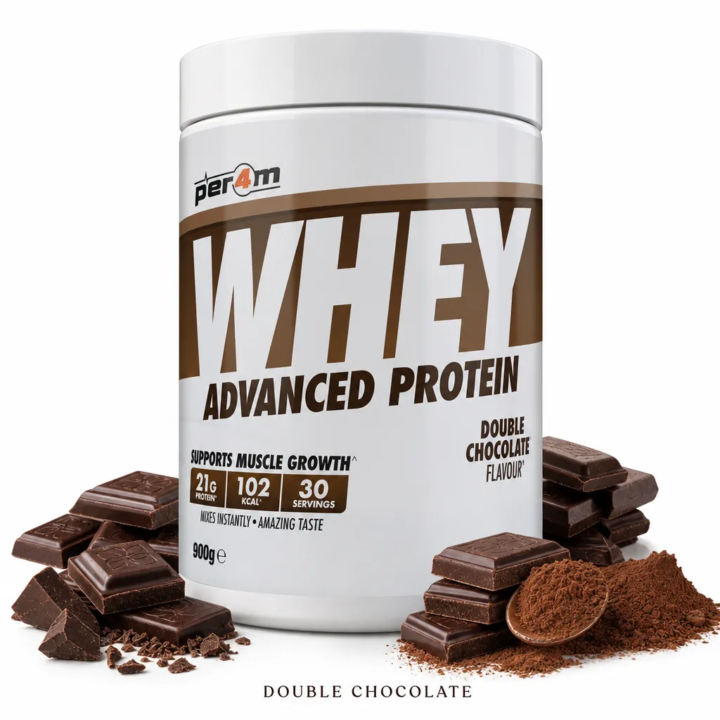 Per4m Whey Advanced Protein 900g Double Chocolate flavour protein powder, featuring 21g protein per serving, low sugar, and gluten-free formula for muscle growth.