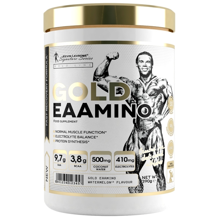 Kevin Levrone Gold EAAMINO 390g watermelon flavour essential amino acid supplement with BCAA, electrolytes, and coconut water, in a white and gold tub.