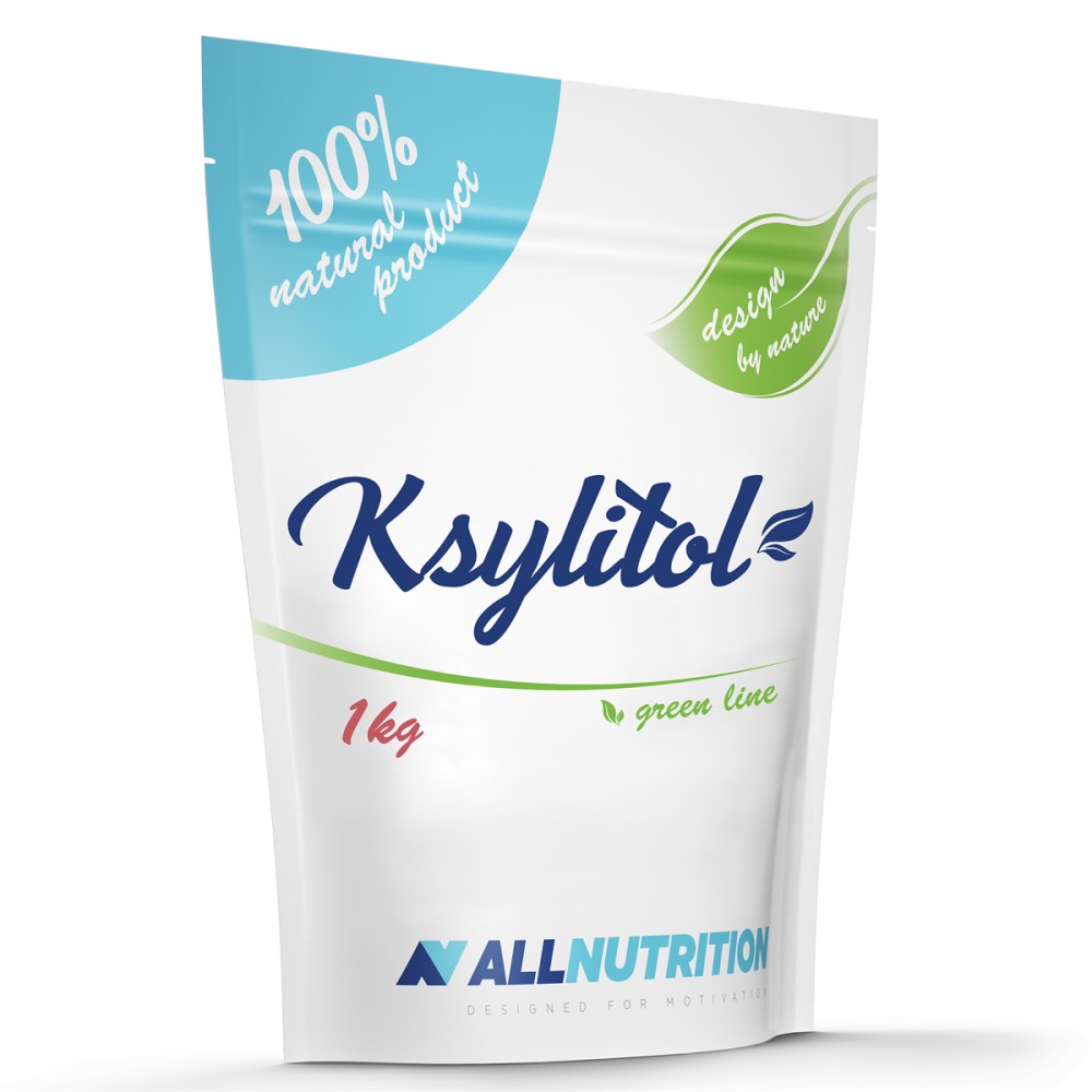 Allnutrition Ksylitol Green Line 1kg natural sweetener in a white and blue resealable pouch, xylitol sugar substitute, green line series.