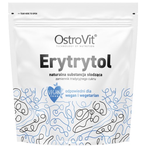 OstroVit Erytrytol 1000g natural sweetener and sugar substitute, suitable for vegans and vegetarians, in a white and blue resealable pouch.