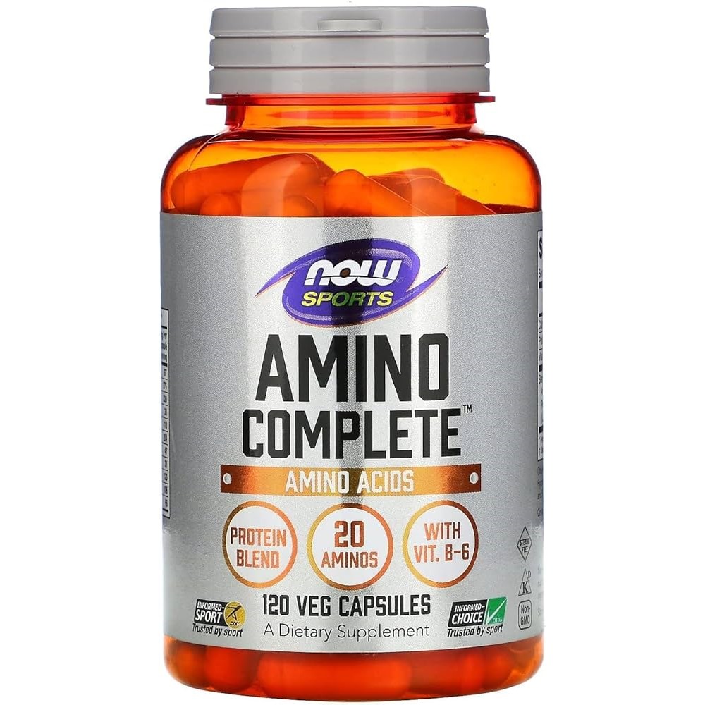 NOW Sports Amino Complete amino acids supplement in a bottle containing 120 vegetarian capsules, featuring a protein blend, 20 aminos, and vitamin B-6.