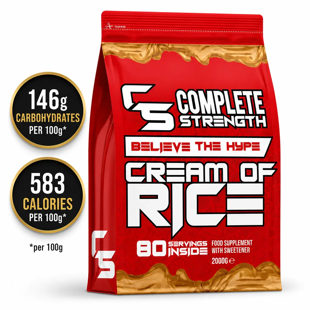 Complete Strength Cream of Rice food supplement, 80 servings in a red 2000g pouch with cocoa flavour and sweetener
