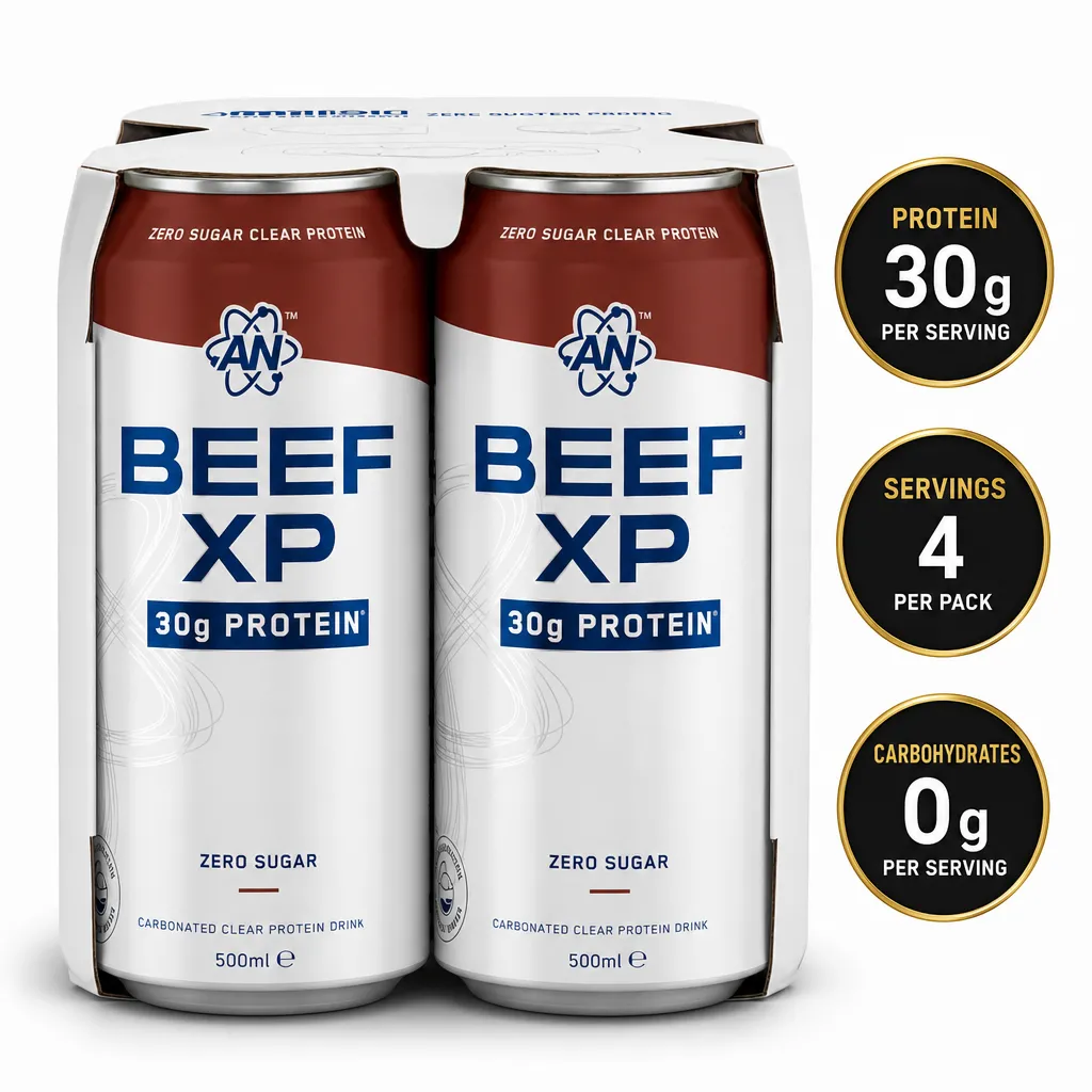 Applied Nutrition Beef-XP clear protein drink, four 500ml cans with 30g protein per serving and zero sugar