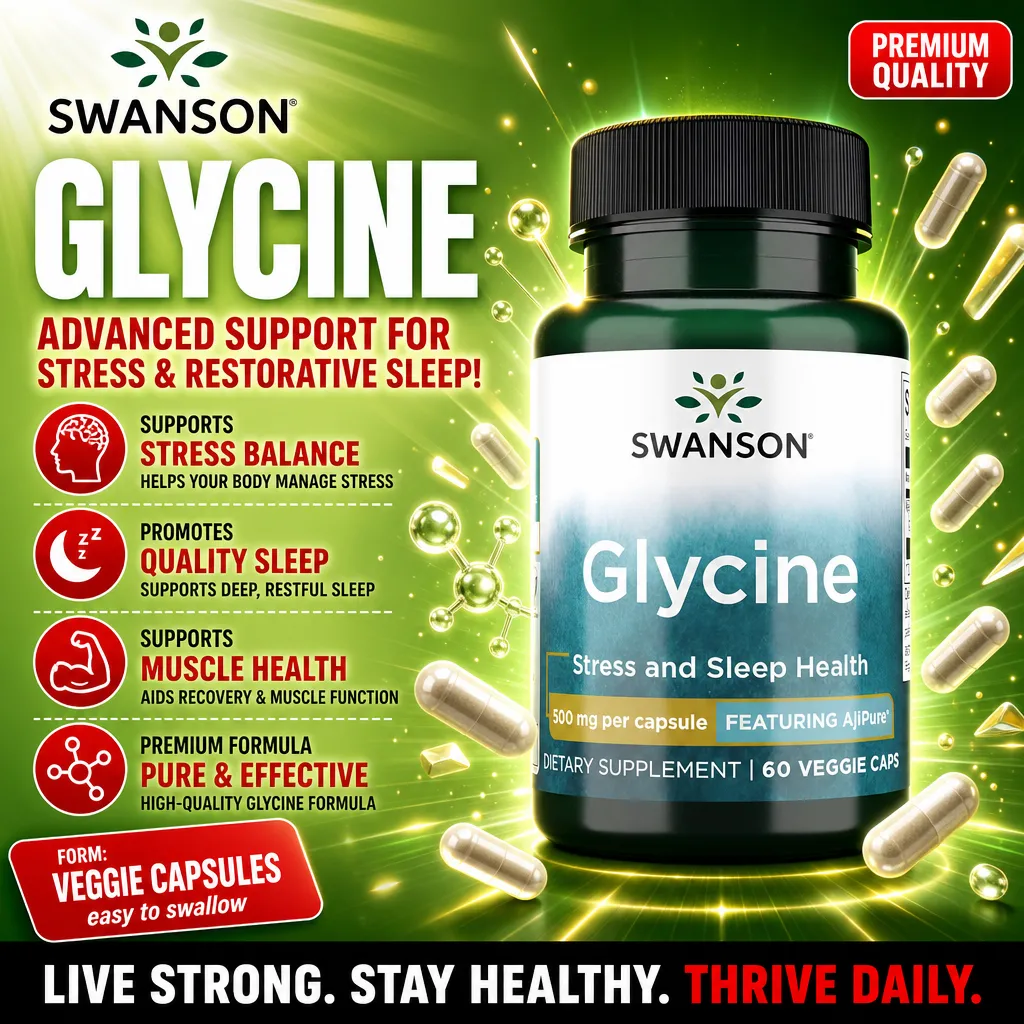 Swanson Glycine 500mg 60 veggie capsules for stress and sleep health, dietary supplement featuring Ajipure, in a green and white bottle.