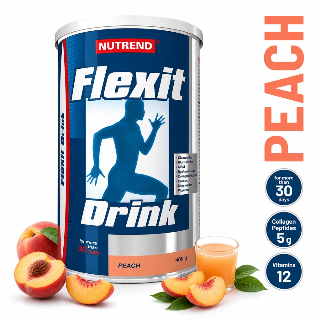 Nutrend Flexit Drink peach-flavoured joint support powder, 400g canister with collagen peptides, glucosamine and vitamins