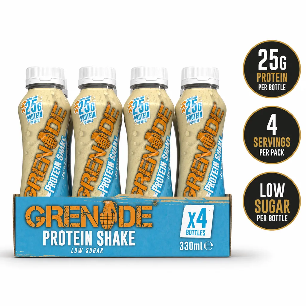 Grenade Protein Shake, pack of four 330ml ready-to-drink bottles with 25g protein per bottle and low sugar