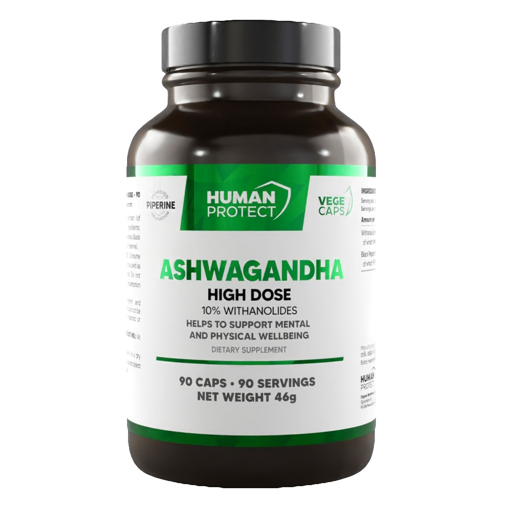 Human Protect Ashwagandha High Dose 90 Caps dietary supplement with 10% withanolides, supports mental and physical wellbeing, in a dark bottle with green and white label.