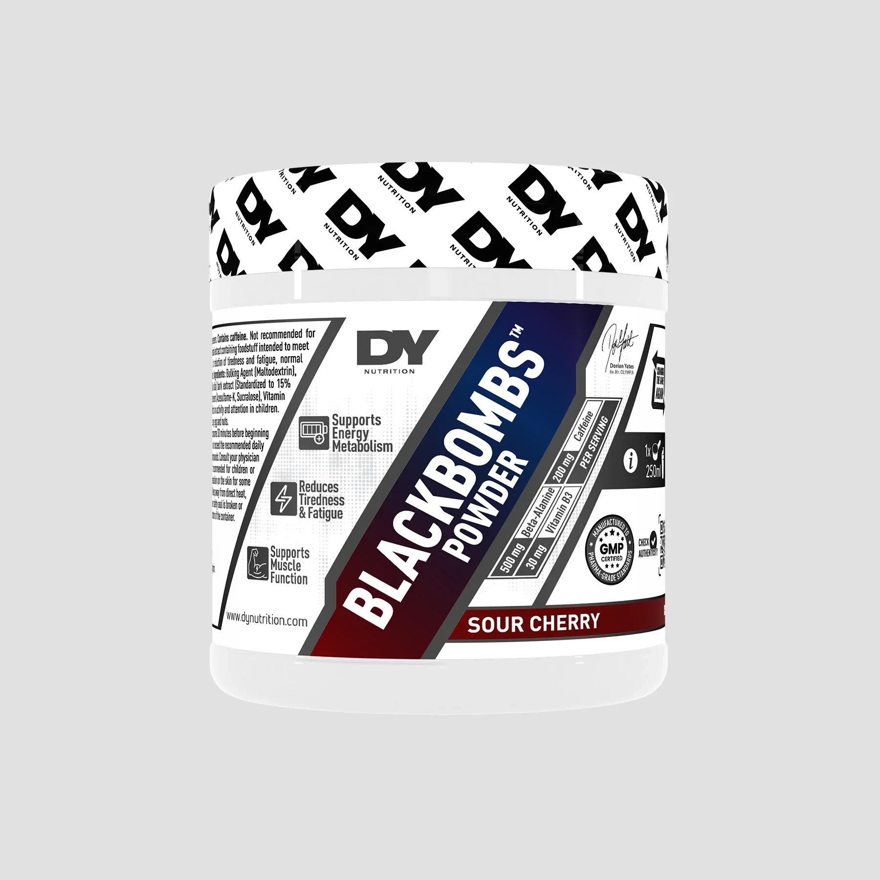 DY Nutrition Dorian Yates Blackbombs Powder pre-workout supplement in Sour Cherry flavour, 300 g tub
