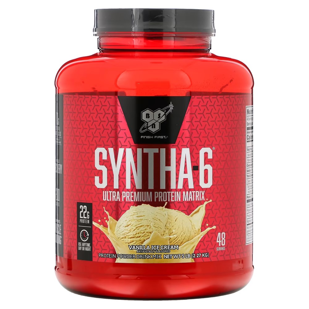 BSN Syntha-6 Vanilla Ice Cream protein powder, 2270g tub, ultra premium protein matrix with 22g protein per serving, red container.
