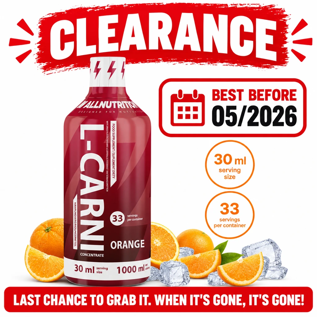 Allnutrition L-Carni Concentrate is a 1000 ml orange-flavoured liquid supplement in a red bottle, with 30 ml servings and best-before 05/2026.