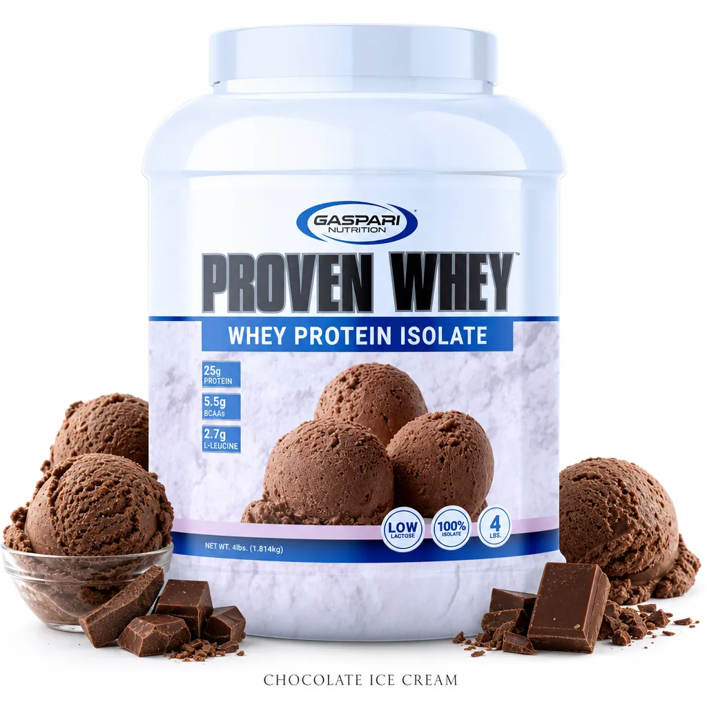 Gaspari Nutrition Proven Whey 2.0 1814g Chocolate Ice Cream is a premium whey protein isolate supplement with low lactose, 25g protein per serving, and chocolate flavor.