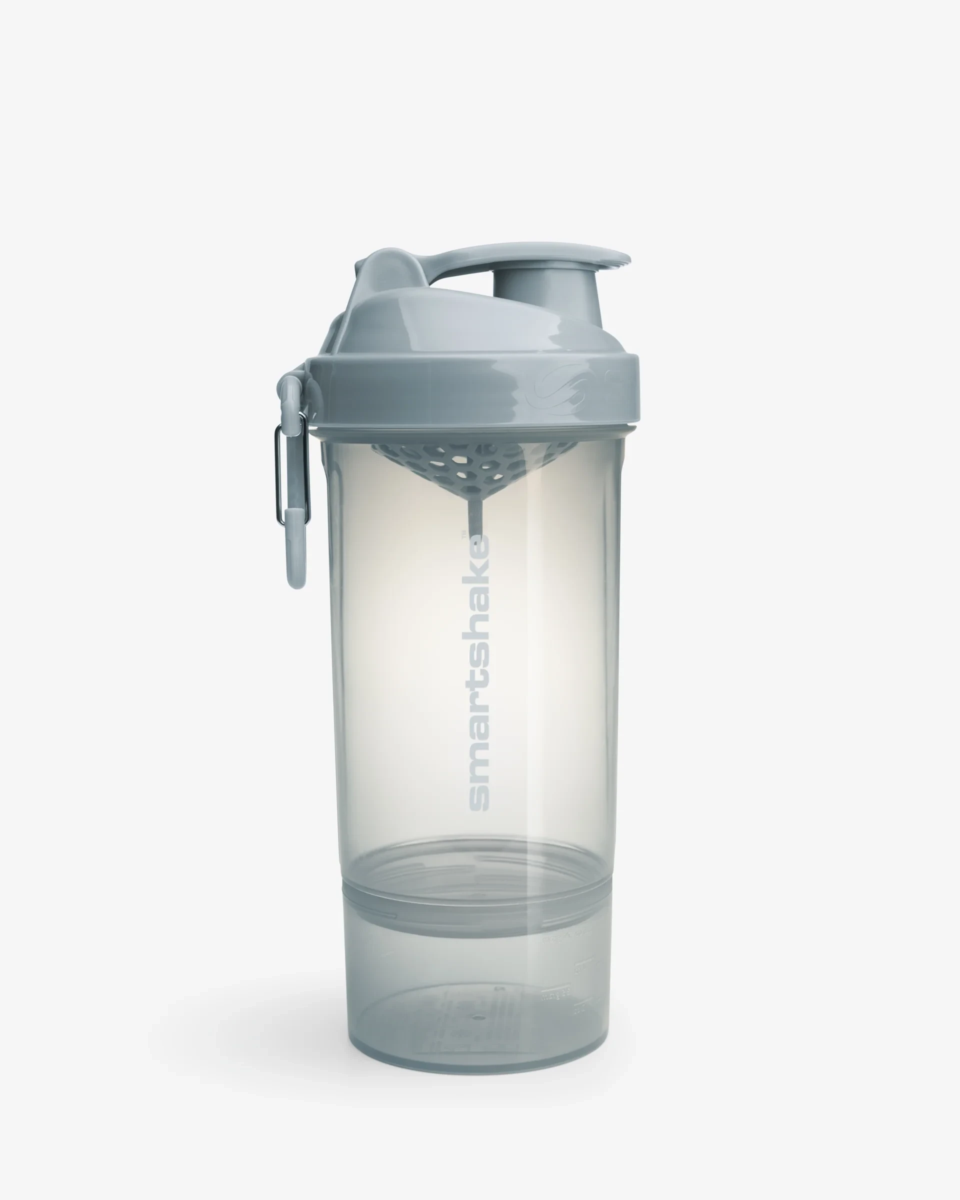 SmartShake Original2Go ONE 800ml Grey shaker bottle with integrated 150ml storage compartment, leak-proof lid, and silent mixing net, shown in a sleek grey color.